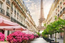 Cobbled street in Paris lined with flowered terraces and pink umbrellas, with the Eiffel Tower rising in the distance under a sunny sky.