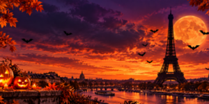 La tour Eiffel se découpe sur un ciel orange et violet, avec une pleine lune, des chauves-souris, des citrouilles illuminées et la Seine au coucher du soleil